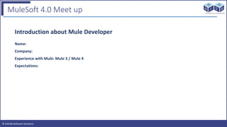 © EAIESB Software Solutions
MuleSoft 4.0 Meet up
Introduction about Mule Developer
Name:
Company:
Experience with Mule: Mule 3 / Mule 4
Expectations:
 