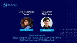 All contents © MuleSoft, LLC
Mule 4 Migration
Planning
20th September
18:00 Europe CEST | 17:00 UK | 21:30 Delhi, India
9:00 San Francisco | 12:00 New York
Angel Alberici
Anu Vijayamohan
Integration
Challenges
 