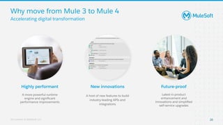 All contents © MuleSoft, LLC
Why move from Mule 3 to Mule 4
26
Accelerating digital transformation
Highly performant
A more powerful runtime
engine and signiﬁcant
performance improvements
New innovations
A host of new features to build
industry-leading APIs and
integrations
Future-proof
Latest in product
enhancement and
innovations and simpliﬁed
self-service upgrades
 