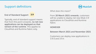 All contents © MuleSoft, LLC
Support deﬁnitions
End of Standard Support
Typically, end of standard support means
that from this point onwards, no net new
applications can be deployed on that
version of the runtime. This applies to
CloudHub and Runtime Fabric only.
What does this mean?
From 20 March 2021 onwards, customers
will be unable to deploy net new Mule 3.9
applications to CloudHub and Runtime
Fabric
HOWEVER
Between March 2021 and November 2021
Customers can deploy new applications in
3.9.5 and 3.9.4
3.9
 