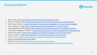 All contents © MuleSoft, LLC
Documentation
58
● Mule 4 User Guide: https://docs.mulesoft.com/mule4-user-guide/v/4.1/
● Mule 4 for Mule 3 Users: https://docs.mulesoft.com/mule4-user-guide/v/4.1/index-migration
● What's new in Mule 4: https://docs.mulesoft.com/mule4-user-guide/v/4.1/mule-runtime-updates
● Intro to Mule 4.1: https://docs.mulesoft.com/mule4-user-guide/v/4.1/intro-overview
● About Migration Process: https://docs.mulesoft.com/mule4-user-guide/v/4.1/migration-process
● Preparing for Migration to Mule 4: https://docs.mulesoft.com/mule4-user-guide/v/4.1/migration-prep
● Mule 4 Connectors: https://docs.mulesoft.com/mule4-user-guide/v/4.1/intro-connectors
● Intro to Studio 7: https://docs.mulesoft.com/mule4-user-guide/v/4.1/intro-studio
● Release Notes: https://docs.mulesoft.com/release-notes/mule-runtime/mule-esb
● Mule 4 performance benchmark report
● MMA GitHub repository: Migration Framework Tool, Documentation
● Migration Cheat Sheet https://docs.mulesoft.com/mule-runtime/4.3/migration-cheat-sheet
 