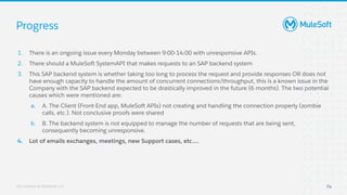 All contents © MuleSoft, LLC
Progress
74
1. There is an ongoing issue every Monday between 9:00-14:00 with unresponsive APIs.
2. There should a MuleSoft SystemAPI that makes requests to an SAP backend system
3. This SAP backend system is whether taking too long to process the request and provide responses OR does not
have enough capacity to handle the amount of concurrent connections/throughput, this is a known issue in the
Company with the SAP backend expected to be drastically improved in the future (6 months). The two potential
causes which were mentioned are:
a. A. The Client (Front-End app, MuleSoft APIs) not creating and handling the connection properly (zombie
calls, etc.). Not conclusive proofs were shared
b. B. The backend system is not equipped to manage the number of requests that are being sent,
consequently becoming unresponsive.
4. Lot of emails exchanges, meetings, new Support cases, etc….
 