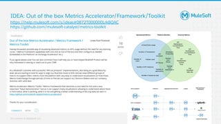 All contents © MuleSoft, LLC
https://help.mulesoft.com/s/ideas#0872T000000Lrk8QAC
https://github.com/mulesoft-catalyst/metrics-toolkit
14
IDEA: Out of the box Metrics Accelerator/Framework/Toolkit
 