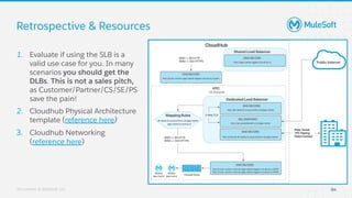All contents © MuleSoft, LLC
Retrospective & Resources
84
1. Evaluate if using the SLB is a
valid use case for you. In many
scenarios you should get the
DLBs. This is not a sales pitch,
as Customer/Partner/CS/SE/PS
save the pain!
2. Cloudhub Physical Architecture
template (reference here)
3. Cloudhub Networking
(reference here)
 