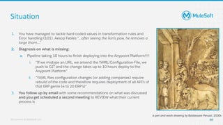 All contents © MuleSoft, LLC
1. You have managed to tackle hard-coded values in transformation rules and
Error handling (101). Aesop Fables “...after seeing the lion’s paw, he removes a
large thorn...”
2. Diagnosis on what is missing:
a. Pipeline taking 10 hours to ﬁnish deploying into the Anypoint Platform!!!!
i. “If we mistype an URL, we amend the YAML/Conﬁguration-File, we
push to GIT and the change takes up to 10 hours deploy to the
Anypoint Platform”
ii. “YAML ﬁles conﬁguration changes (or adding companies) require
rebuild of the code and therefore requires deployment of all API’s of
that ERP genre (4 to 20 ERP’s)”
3. You follow up by email with some recommendations on what was discussed
and you get scheduled a second meeting to REVIEW what their current
process is
Situation
88
a pen and wash drawing by Baldassare Peruzzi, 1530s
 