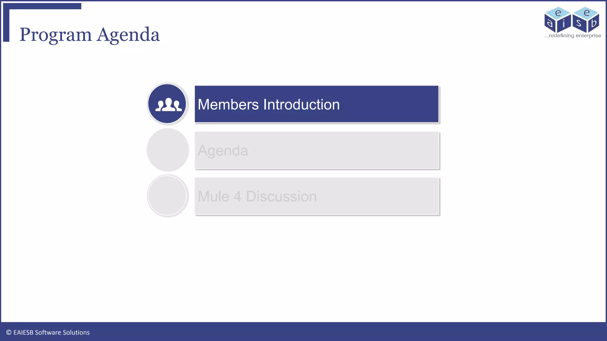 © EAIESB Software Solutions
Program Agenda
Members Introduction
Agenda
Mule 4 Discussion