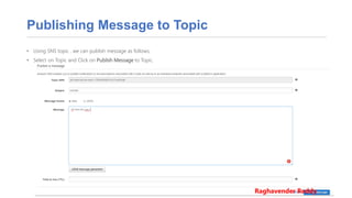 Publishing Message to Topic
• Using SNS topic , we can publish message as follows,
• Select on Topic and Click on Publish Message to Topic.
Raghavender Reddy
 