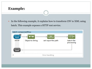 Example:
 In the following example, it explains how to transform CSV to XML using
batch. This example exposes a HTTP rest service.
 
