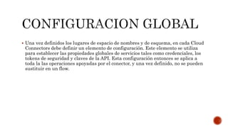  Una vez definidos los lugares de espacio de nombres y de esquema, en cada Cloud
Connectors debe definir un elemento de configuración. Este elemento se utiliza
para establecer las propiedades globales de servicios tales como credenciales, los
tokens de seguridad y claves de la API. Esta configuración entonces se aplica a
toda la las operaciones apoyadas por el conector, y una vez definido, no se pueden
sustituir en un flow.
 