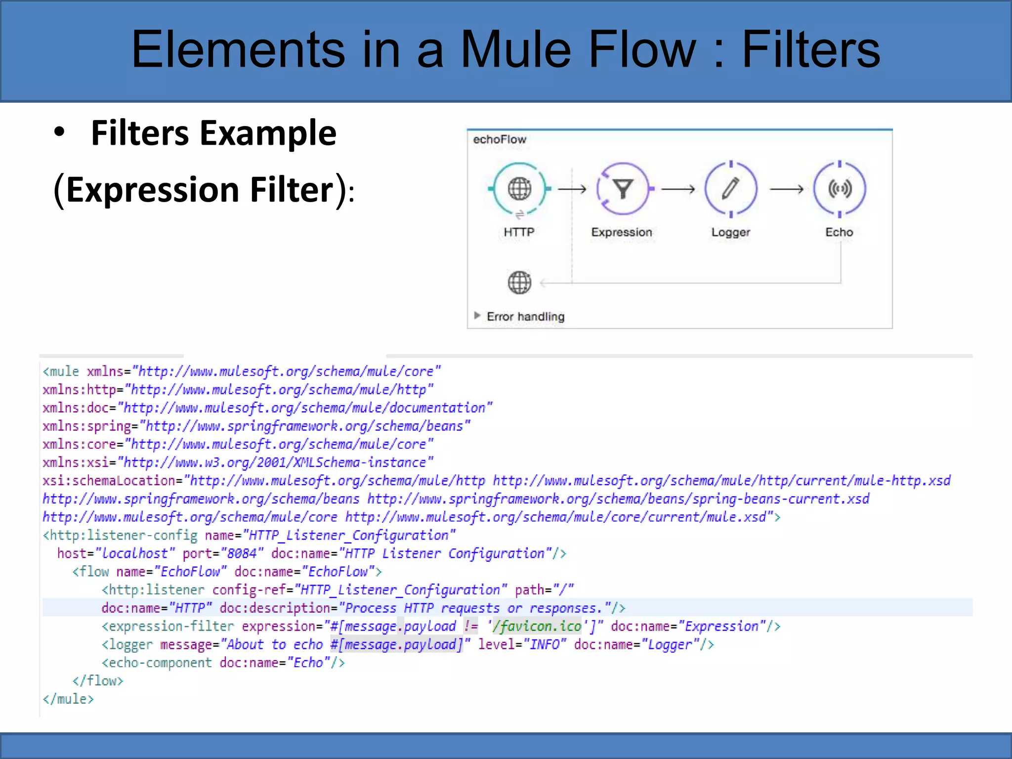 • Filters Example
(Expression Filter):
Elements in a Mule Flow : Filters
 