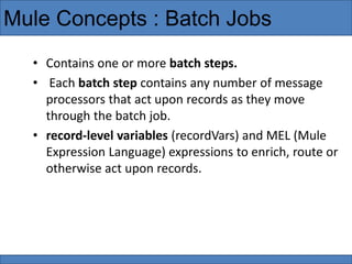 Mule Concepts : Batch Jobs
• Contains one or more batch steps.
• Each batch step contains any number of message
processors that act upon records as they move
through the batch job.
• record-level variables (recordVars) and MEL (Mule
Expression Language) expressions to enrich, route or
otherwise act upon records.
 