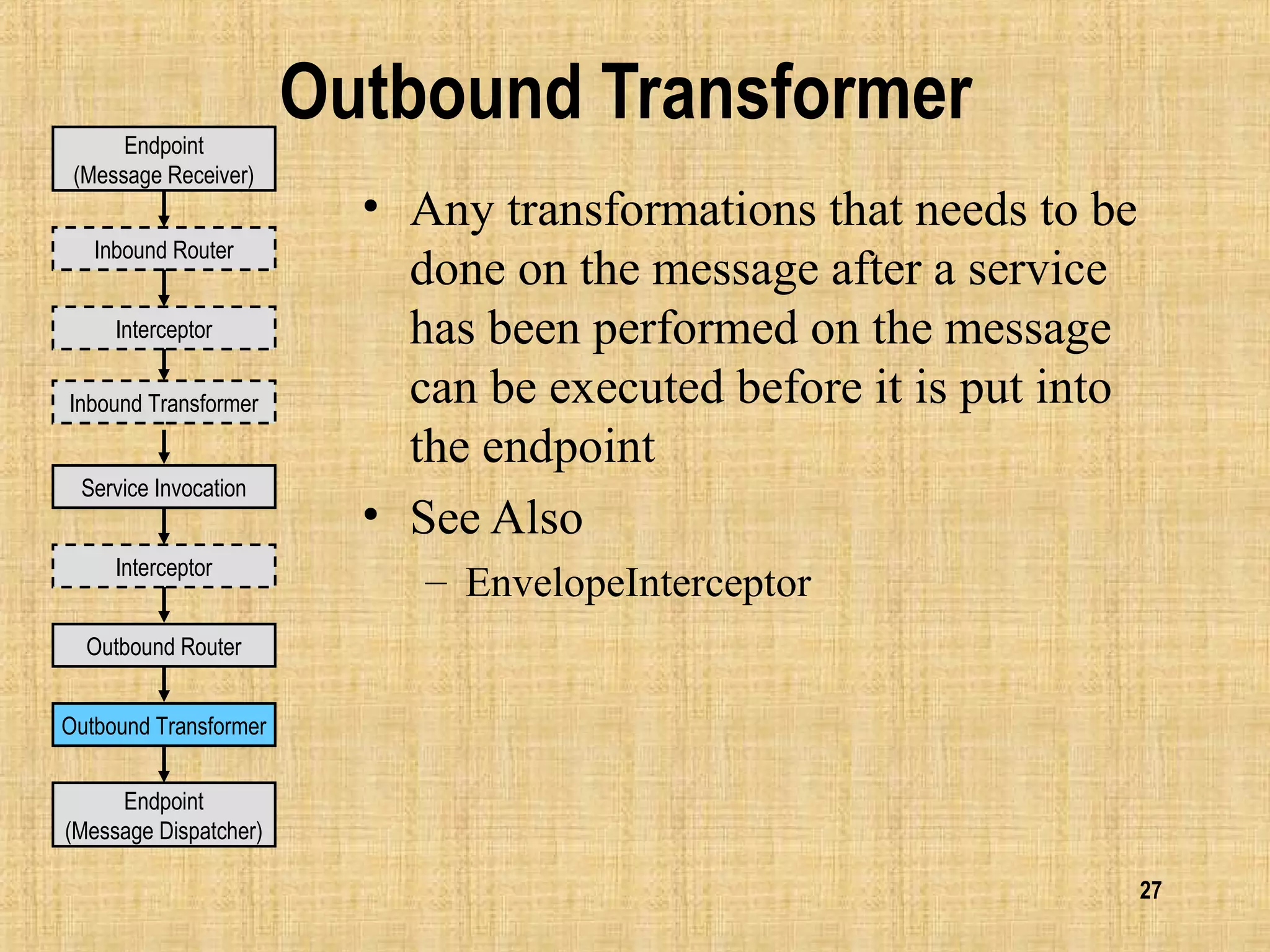 27
Outbound Transformer
• Any transformations that needs to be
done on the message after a service
has been performed on the message
can be executed before it is put into
the endpoint
• See Also
– EnvelopeInterceptor
Endpoint
(Message Receiver)
Endpoint
(Message Dispatcher)
Inbound Router
Interceptor
Interceptor
Inbound Transformer
Service Invocation
Outbound Router
Outbound Transformer
 
