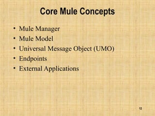 12
Core Mule Concepts
• Mule Manager
• Mule Model
• Universal Message Object (UMO)
• Endpoints
• External Applications
 