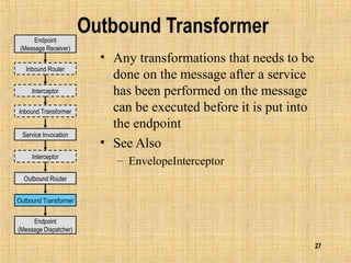 27
Outbound Transformer
• Any transformations that needs to be
done on the message after a service
has been performed on the message
can be executed before it is put into
the endpoint
• See Also
– EnvelopeInterceptor
Endpoint
(Message Receiver)
Endpoint
(Message Dispatcher)
Inbound Router
Interceptor
Interceptor
Inbound Transformer
Service Invocation
Outbound Router
Outbound Transformer
 