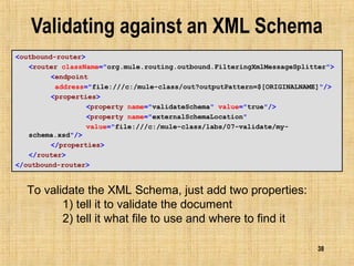 38
Validating against an XML Schema
<outbound-router>
<router className="org.mule.routing.outbound.FilteringXmlMessageSplitter">
<endpoint
address="file:///c:/mule-class/out?outputPattern=$[ORIGINALNAME]"/>
<properties>
<property name="validateSchema" value="true"/>
<property name="externalSchemaLocation"
value="file:///c:/mule-class/labs/07-validate/my-
schema.xsd"/>
</properties>
</router>
</outbound-router>
To validate the XML Schema, just add two properties:
1) tell it to validate the document
2) tell it what file to use and where to find it
 