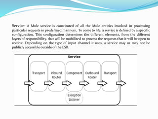 Service: A Mule service is constituted of all the Mule entities involved in processing
particular requests in predefined manners, To come to life, a service is defined by a specific
configuration. This configuration determines the different elements, from the different
layers of responsibility, that will be mobilized to process the requests that it will be open to
receive. Depending on the type of input channel it uses, a service may or may not be
publicly accessible outside of the ESB.
 