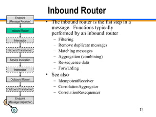 M
D 21
Inbound Router
• The inbound router is the fist step in a
message. Functions typically
performed by an inbound router
– Filtering
– Remove duplicate messages
– Matching messages
– Aggregation (combining)
– Re-sequence data
– Forwarding
• See also
– IdempotentReceiver
– CorrolationAggregator
– CorrelationResequencer
Endpoint
(Message Dispatcher)
Inbound Router
Outbound Router
Inbound Transformer
Outbound Transformer
Interceptor
Service Invocation
Interceptor
Endpoint
(Message Receiver)
 