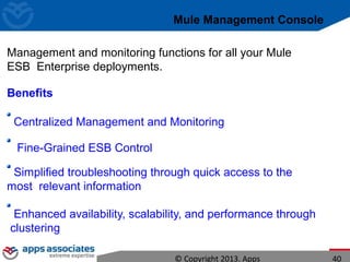 Mule Management Console
Management and monitoring functions for all your Mule
ESB Enterprise deployments.
Benefits
Centralized Management and Monitoring
Fine-Grained ESB Control
Simplified troubleshooting through quick access to the
most relevant information
Enhanced availability, scalability, and performance through
clustering
© Copyright 2013. Apps 40
 
