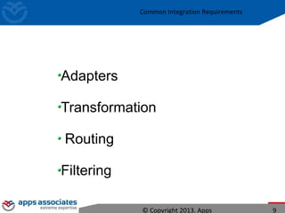 Common Integration Requirements
Adapters
Transformation
Routing
Filtering
© Copyright 2013. Apps 9
 
