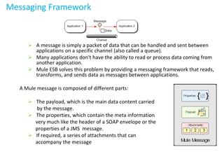 Messaging Framework
 A message is simply a packet of data that can be handled and sent between
applications on a specific channel (also called a queue).
 Many applications don't have the ability to read or process data coming from
another application.
 Mule ESB solves this problem by providing a messaging framework that reads,
transforms, and sends data as messages between applications.
A Mule message is composed of different parts:
 The payload, which is the main data content carried
by the message.
 The properties, which contain the meta information
very much like the header of a SOAP envelope or the
properties of a JMS message.
 If required, a series of attachments that can
accompany the message
 