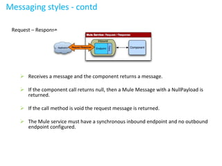 Messaging styles - contd
Request – Response
 Receives a message and the component returns a message.
 If the component call returns null, then a Mule Message with a NullPayload is
returned.
 If the call method is void the request message is returned.
 The Mule service must have a synchronous inbound endpoint and no outbound
endpoint configured.
 