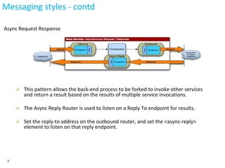 7
Messaging styles - contd
Async Request Response
 This pattern allows the back-end process to be forked to invoke other services
and return a result based on the results of multiple service invocations.
 The Async Reply Router is used to listen on a Reply To endpoint for results.
 Set the reply-to address on the outbound router, and set the <async-reply>
element to listen on that reply endpoint.
 