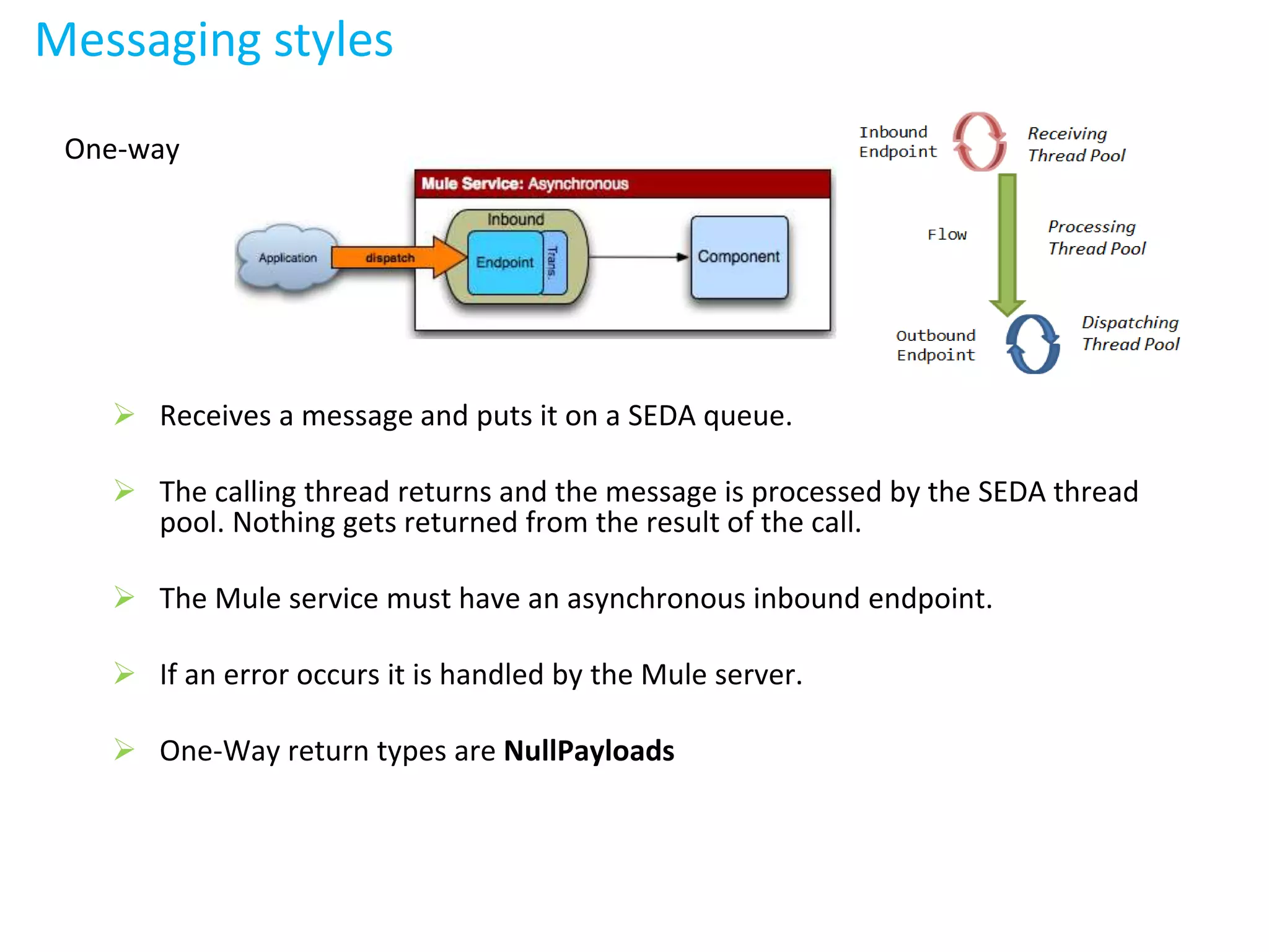 Messaging styles
One-way
 Receives a message and puts it on a SEDA queue.
 The calling thread returns and the message is processed by the SEDA thread
pool. Nothing gets returned from the result of the call.
 The Mule service must have an asynchronous inbound endpoint.
 If an error occurs it is handled by the Mule server.
 One-Way return types are NullPayloads
 