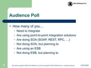 1-SEP-2009All content copyright © 2009, Rich Software Inc; portions copyright © 2009, MuleSource Inc. All rights reserved.13
Audience Poll
 How many of you…
– Need to integrate
– Are using point-to-point integration solutions
– Are doing SOA (SOAP, REST, RPC, …)
– Not doing SOA, but planning to
– Are using an ESB
– Not doing ESB, but planning to
 