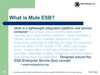 1-SEP-2009All content copyright © 2009, Rich Software Inc; portions copyright © 2009, MuleSource Inc. All rights reserved.18
What is Mule ESB?
“Mule is a lightweight integration platform and service
container that allows you to quickly and easily
connect your applications together. Mule provides a
robust, secure and scalable platform to build
enterprise applications offering an array of transports
such as JMS, HTTP, Email, FTP, JDBC and many
more. It also offers a rich set of features for web
services, message routing, mediation, transformation
and transaction management. Designed around the
ESB (Enterprise Service Bus) concept.”
-- www.mulesource.org
 
