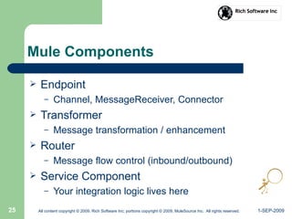 1-SEP-2009All content copyright © 2009, Rich Software Inc; portions copyright © 2009, MuleSource Inc. All rights reserved.25
Mule Components
 Endpoint
– Channel, MessageReceiver, Connector
 Transformer
– Message transformation / enhancement
 Router
– Message flow control (inbound/outbound)
 Service Component
– Your integration logic lives here
 