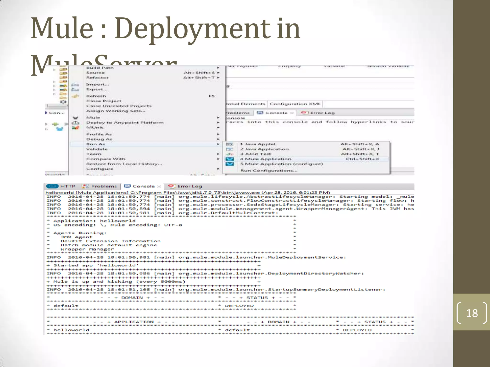 Mule : Deployment in
MuleServer
18
 