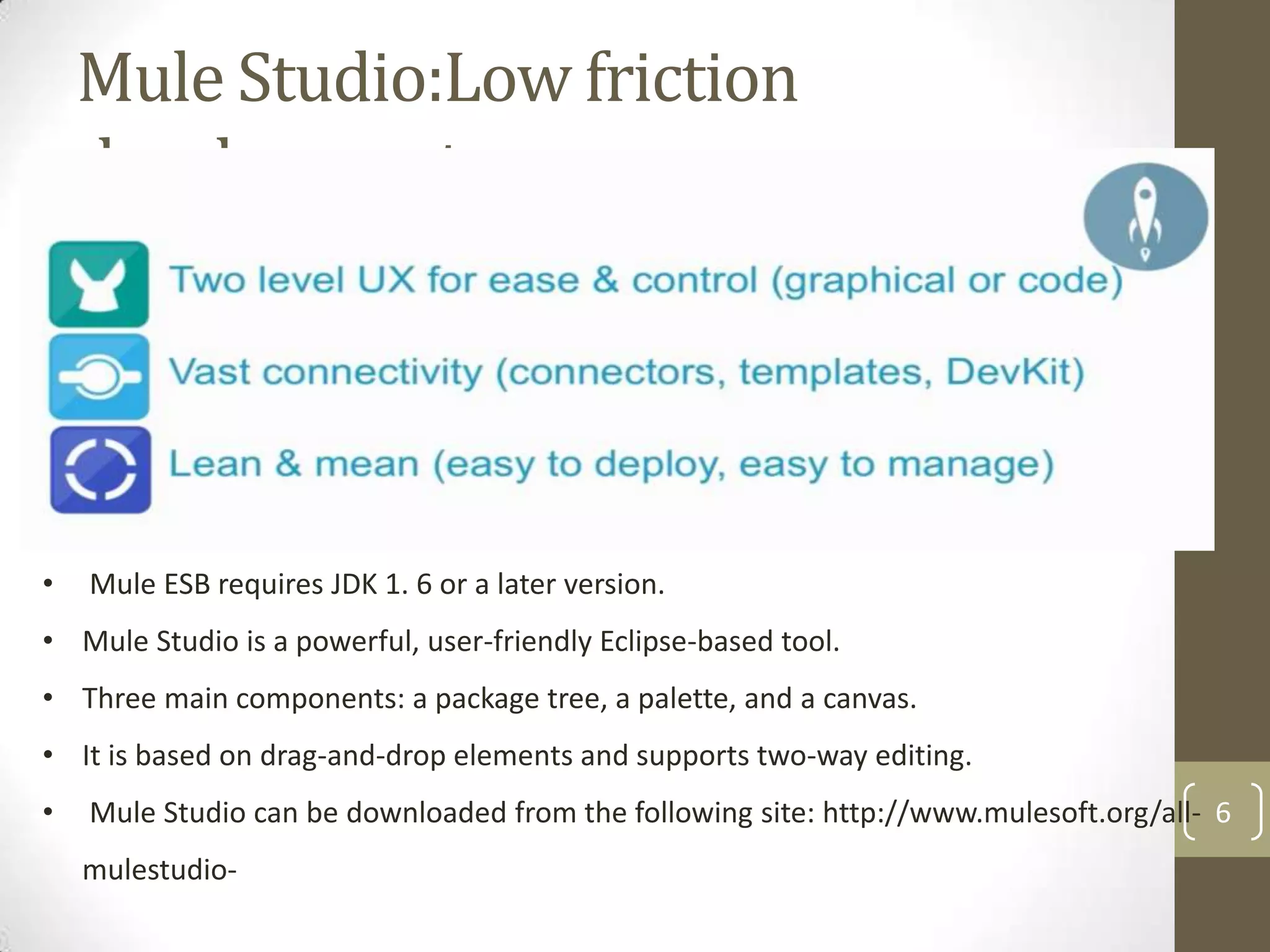 6
Mule Studio:Low friction
development
• Mule ESB requires JDK 1. 6 or a later version.
• Mule Studio is a powerful, user-friendly Eclipse-based tool.
• Three main components: a package tree, a palette, and a canvas.
• It is based on drag-and-drop elements and supports two-way editing.
• Mule Studio can be downloaded from the following site: http://www.mulesoft.org/all-
mulestudio-
 