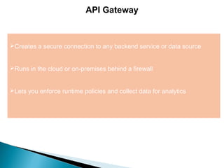 5
API Gateway
Creates a secure connection to any backend service or data source
Runs in the cloud or on-premises behind a firewall
Lets you enforce runtime policies and collect data for analytics
 