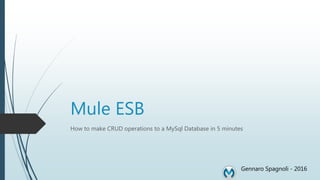 Mule ESB
How to make CRUD operations to a MySql Database in 5 minutes
Gennaro Spagnoli - 2016
 