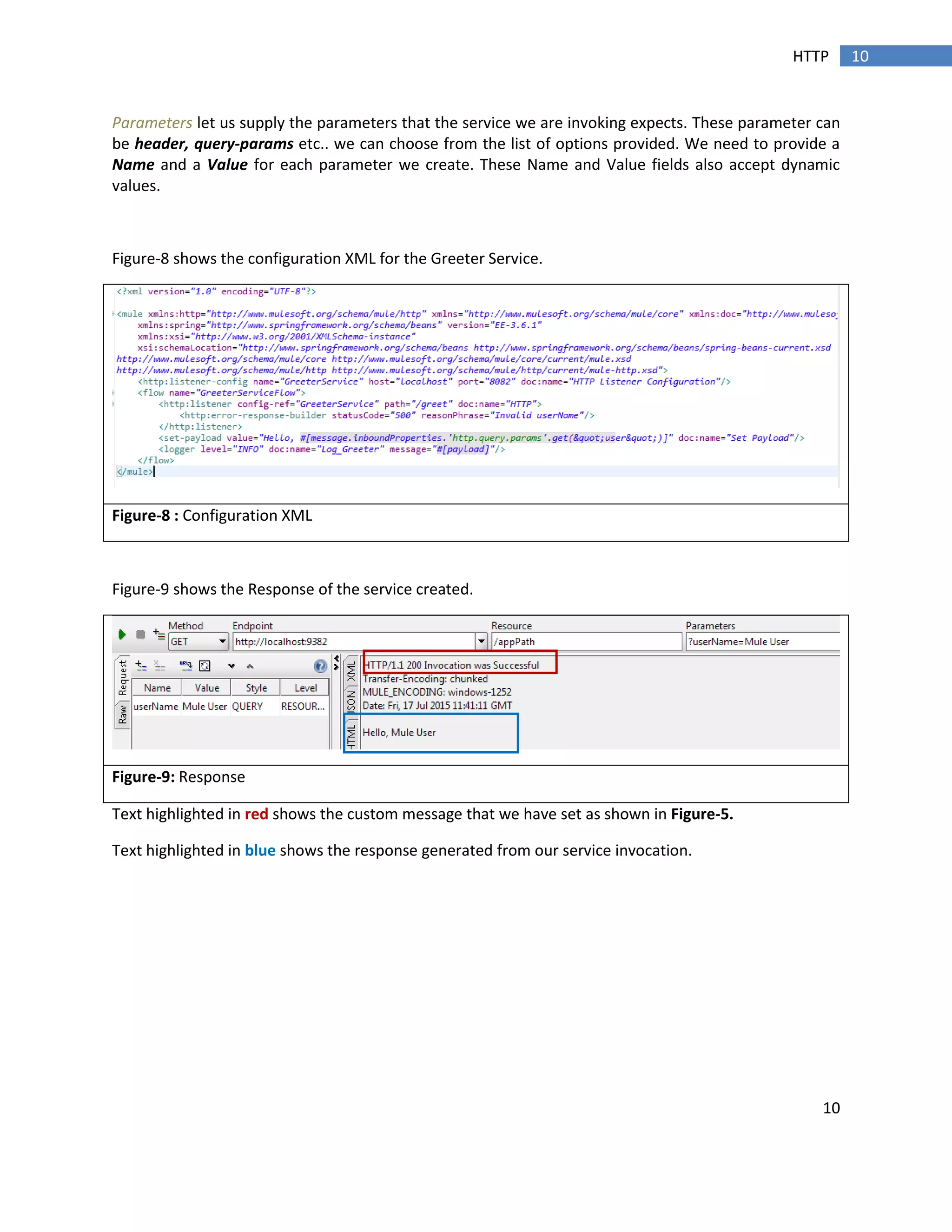 10
10HTTP
Parameters let us supply the parameters that the service we are invoking expects. These parameter can
be header, query-params etc.. we can choose from the list of options provided. We need to provide a
Name and a Value for each parameter we create. These Name and Value fields also accept dynamic
values.
Figure-8 shows the configuration XML for the Greeter Service.
Figure-8 : Configuration XML
Figure-9 shows the Response of the service created.
Figure-9: Response
Text highlighted in red shows the custom message that we have set as shown in Figure-5.
Text highlighted in blue shows the response generated from our service invocation.
 