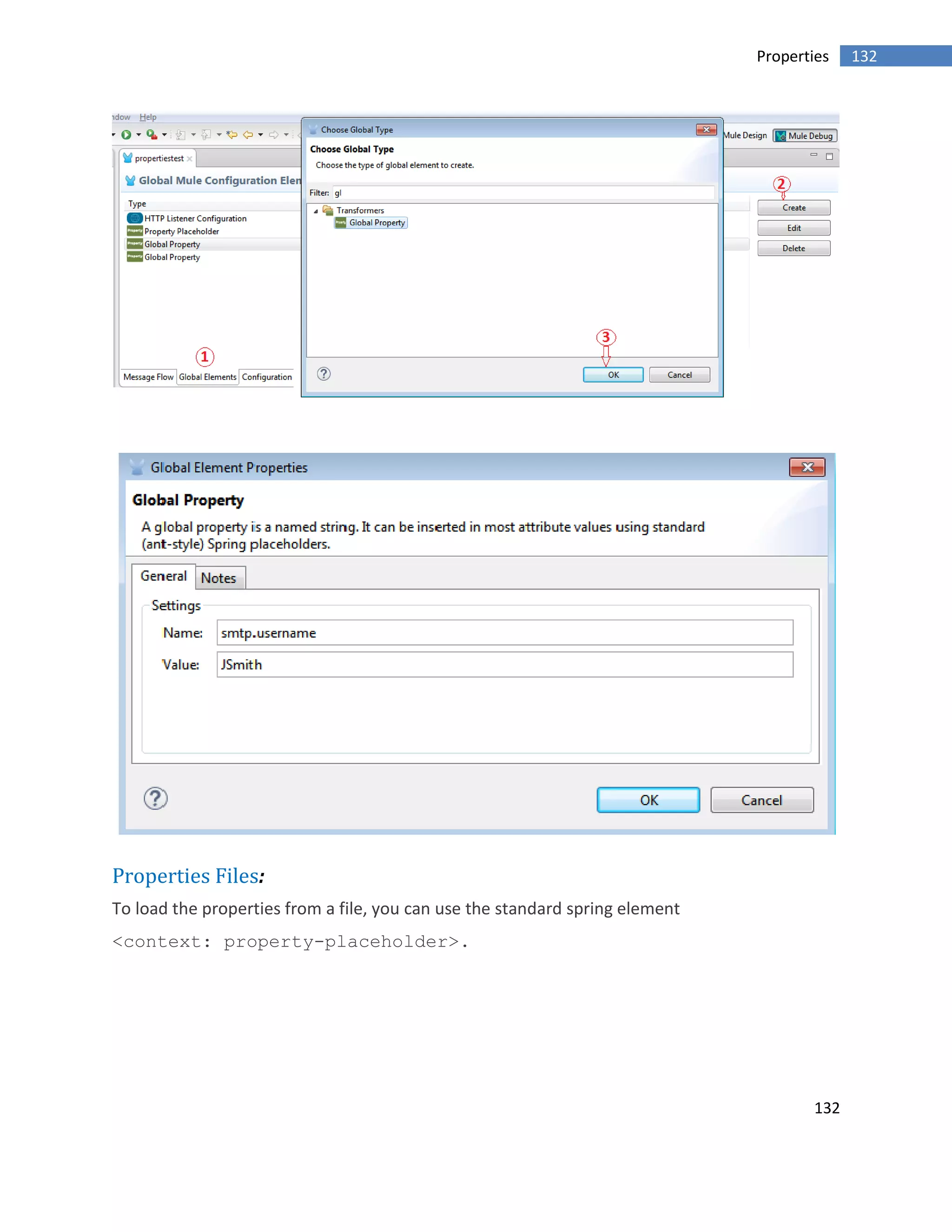 132
132Properties
Properties Files:
To load the properties from a file, you can use the standard spring element
<context: property-placeholder>.
 