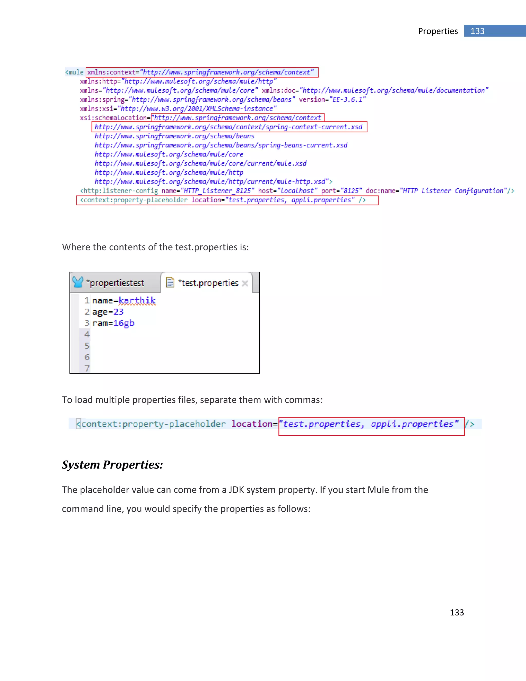 133
133Properties
Where the contents of the test.properties is:
To load multiple properties files, separate them with commas:
System Properties:
The placeholder value can come from a JDK system property. If you start Mule from the
command line, you would specify the properties as follows:
 