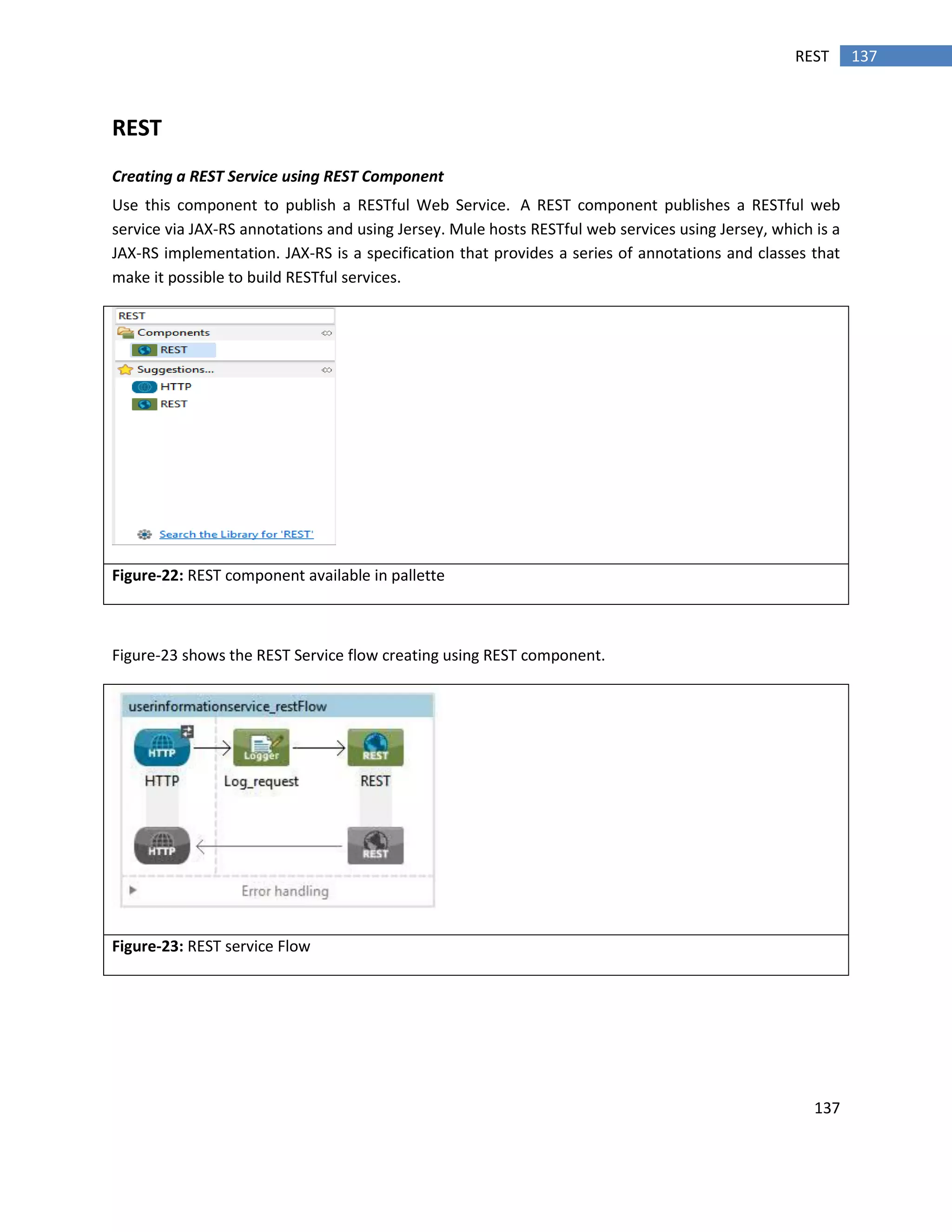 137
137REST
REST
Creating a REST Service using REST Component
Use this component to publish a RESTful Web Service. A REST component publishes a RESTful web
service via JAX-RS annotations and using Jersey. Mule hosts RESTful web services using Jersey, which is a
JAX-RS implementation. JAX-RS is a specification that provides a series of annotations and classes that
make it possible to build RESTful services.
Figure-22: REST component available in pallette
Figure-23 shows the REST Service flow creating using REST component.
Figure-23: REST service Flow
 