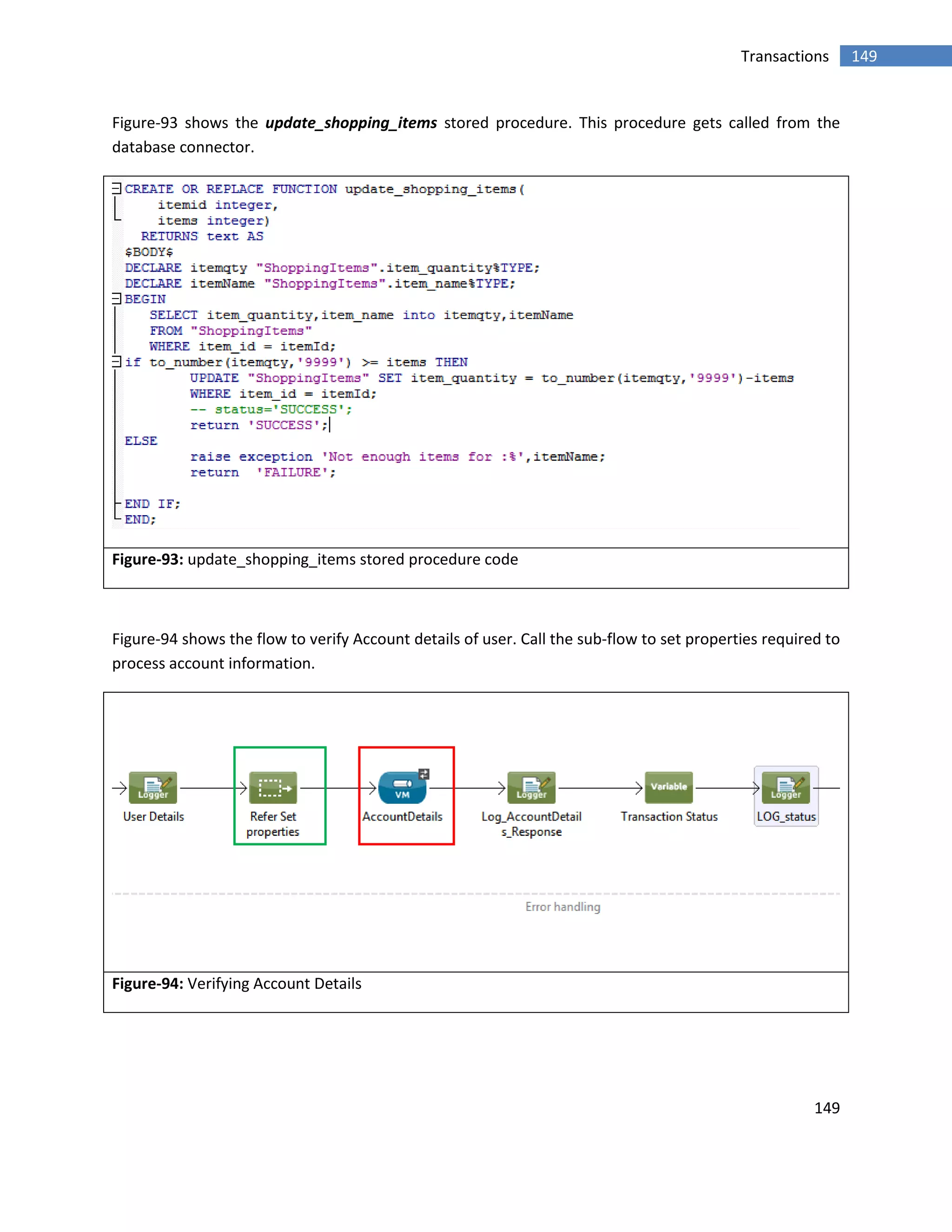 149
149Transactions
Figure-93 shows the update_shopping_items stored procedure. This procedure gets called from the
database connector.
Figure-93: update_shopping_items stored procedure code
Figure-94 shows the flow to verify Account details of user. Call the sub-flow to set properties required to
process account information.
Figure-94: Verifying Account Details
 