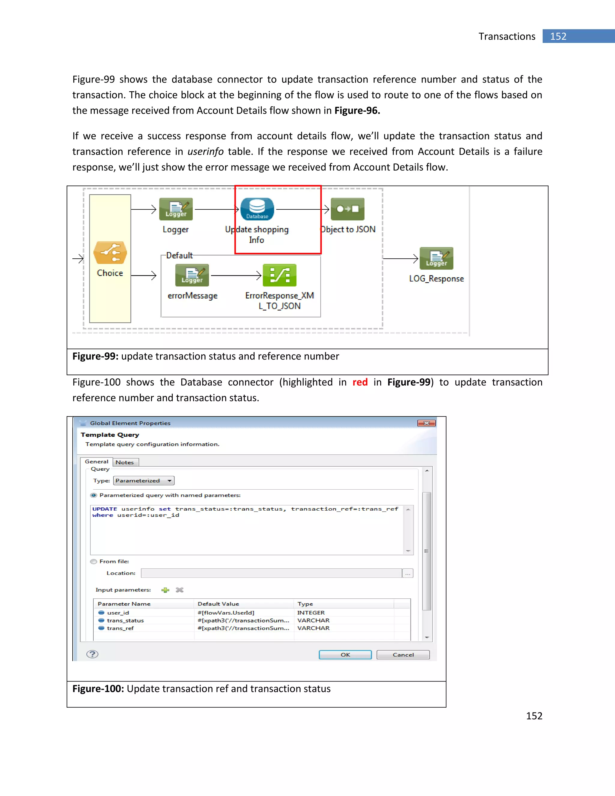 152
152Transactions
Figure-99 shows the database connector to update transaction reference number and status of the
transaction. The choice block at the beginning of the flow is used to route to one of the flows based on
the message received from Account Details flow shown in Figure-96.
If we receive a success response from account details flow, we’ll update the transaction status and
transaction reference in userinfo table. If the response we received from Account Details is a failure
response, we’ll just show the error message we received from Account Details flow.
Figure-99: update transaction status and reference number
Figure-100 shows the Database connector (highlighted in red in Figure-99) to update transaction
reference number and transaction status.
Figure-100: Update transaction ref and transaction status
 