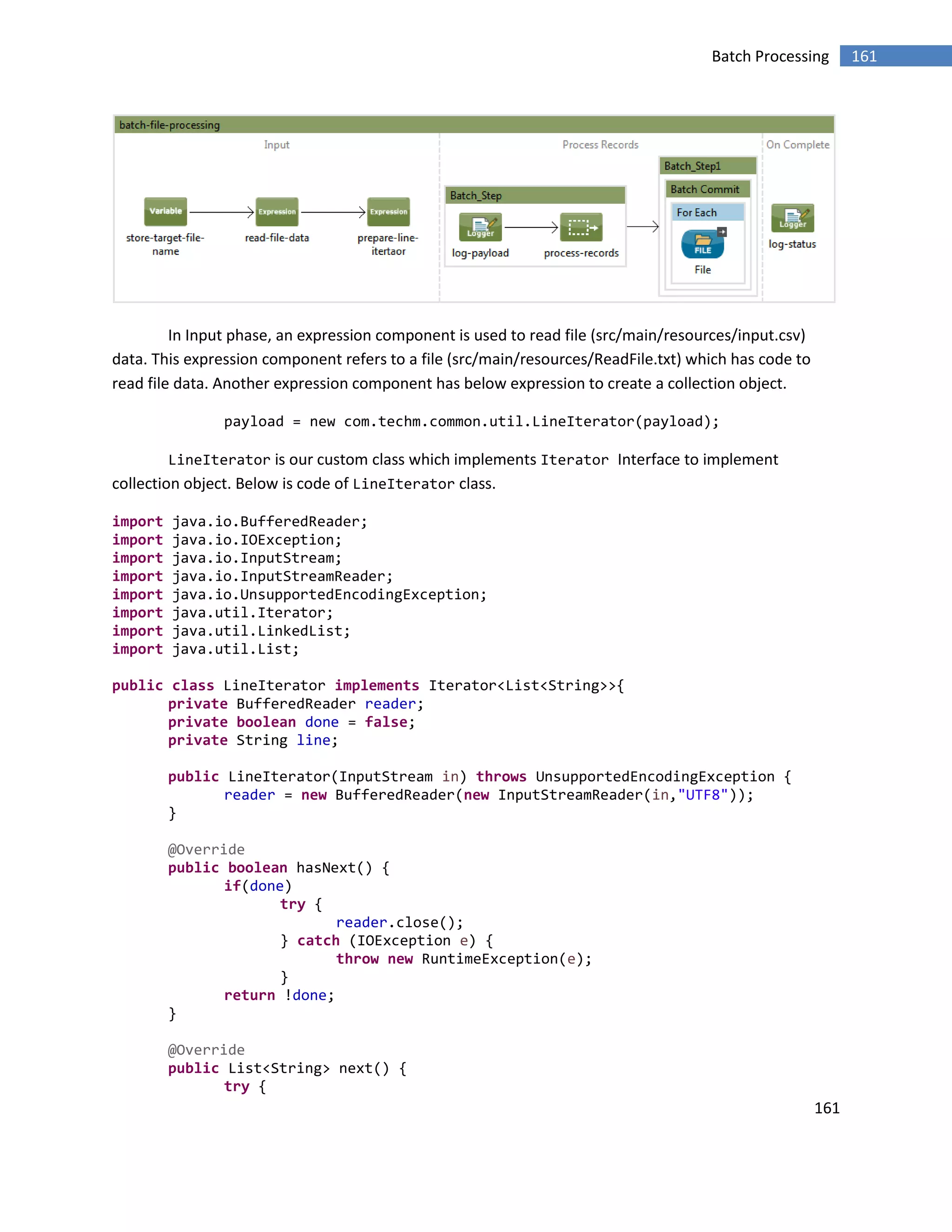 161
161Batch Processing
In Input phase, an expression component is used to read file (src/main/resources/input.csv)
data. This expression component refers to a file (src/main/resources/ReadFile.txt) which has code to
read file data. Another expression component has below expression to create a collection object.
payload = new com.techm.common.util.LineIterator(payload);
LineIterator is our custom class which implements Iterator Interface to implement
collection object. Below is code of LineIterator class.
import java.io.BufferedReader;
import java.io.IOException;
import java.io.InputStream;
import java.io.InputStreamReader;
import java.io.UnsupportedEncodingException;
import java.util.Iterator;
import java.util.LinkedList;
import java.util.List;
public class LineIterator implements Iterator<List<String>>{
private BufferedReader reader;
private boolean done = false;
private String line;
public LineIterator(InputStream in) throws UnsupportedEncodingException {
reader = new BufferedReader(new InputStreamReader(in,"UTF8"));
}
@Override
public boolean hasNext() {
if(done)
try {
reader.close();
} catch (IOException e) {
throw new RuntimeException(e);
}
return !done;
}
@Override
public List<String> next() {
try {
 