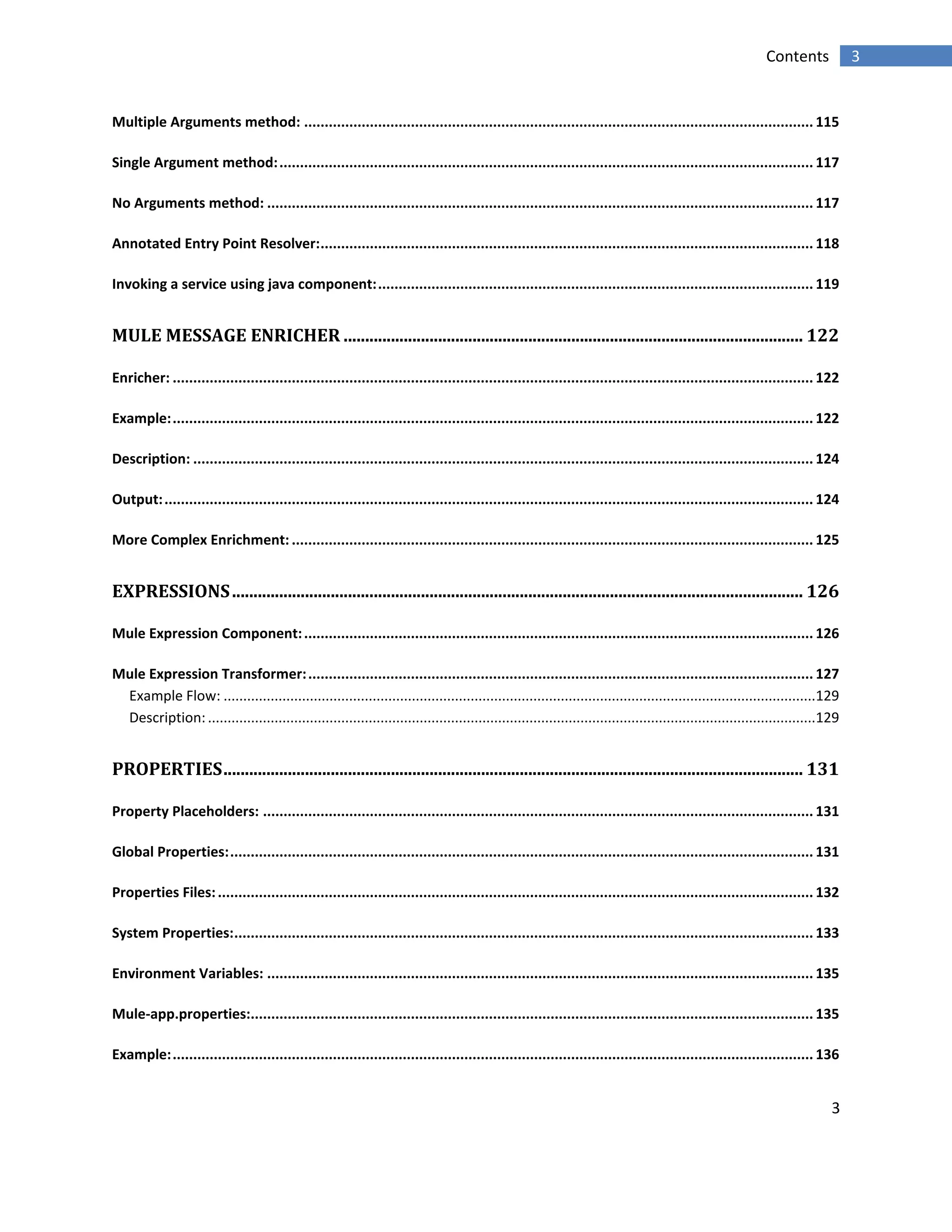 3
3Contents
Multiple Arguments method: ............................................................................................................................ 115
Single Argument method:.................................................................................................................................. 117
No Arguments method: ..................................................................................................................................... 117
Annotated Entry Point Resolver:........................................................................................................................ 118
Invoking a service using java component:.......................................................................................................... 119
MULE MESSAGE ENRICHER ........................................................................................................... 122
Enricher: ............................................................................................................................................................ 122
Example:............................................................................................................................................................ 122
Description: ....................................................................................................................................................... 124
Output:.............................................................................................................................................................. 124
More Complex Enrichment: ............................................................................................................................... 125
EXPRESSIONS..................................................................................................................................... 126
Mule Expression Component:............................................................................................................................ 126
Mule Expression Transformer:........................................................................................................................... 127
Example Flow: .......................................................................................................................................................129
Description:...........................................................................................................................................................129
PROPERTIES....................................................................................................................................... 131
Property Placeholders: ...................................................................................................................................... 131
Global Properties:.............................................................................................................................................. 131
Properties Files:................................................................................................................................................. 132
System Properties:............................................................................................................................................. 133
Environment Variables: ..................................................................................................................................... 135
Mule-app.properties:......................................................................................................................................... 135
Example:............................................................................................................................................................ 136
 