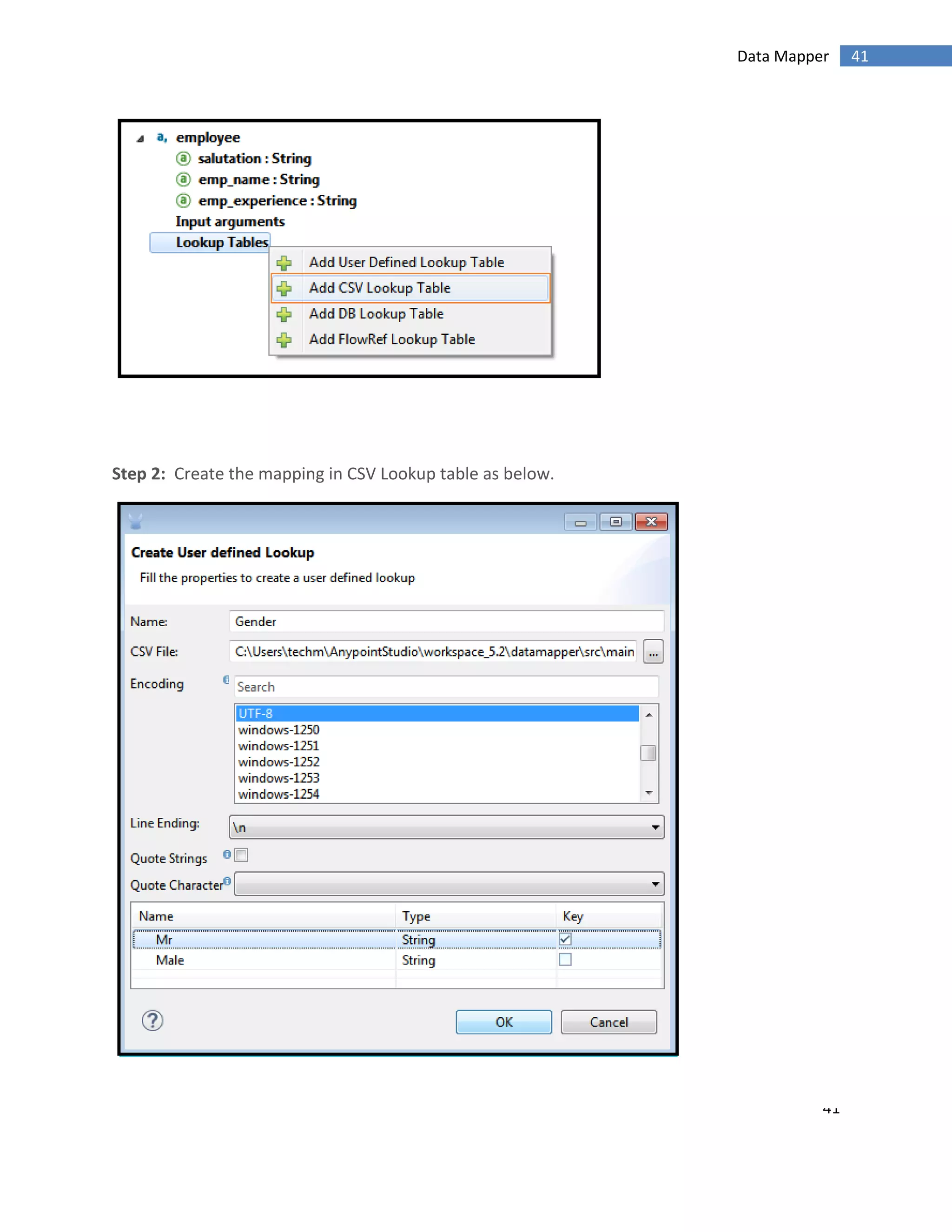 41
41Data Mapper
Step 2: Create the mapping in CSV Lookup table as below.
 