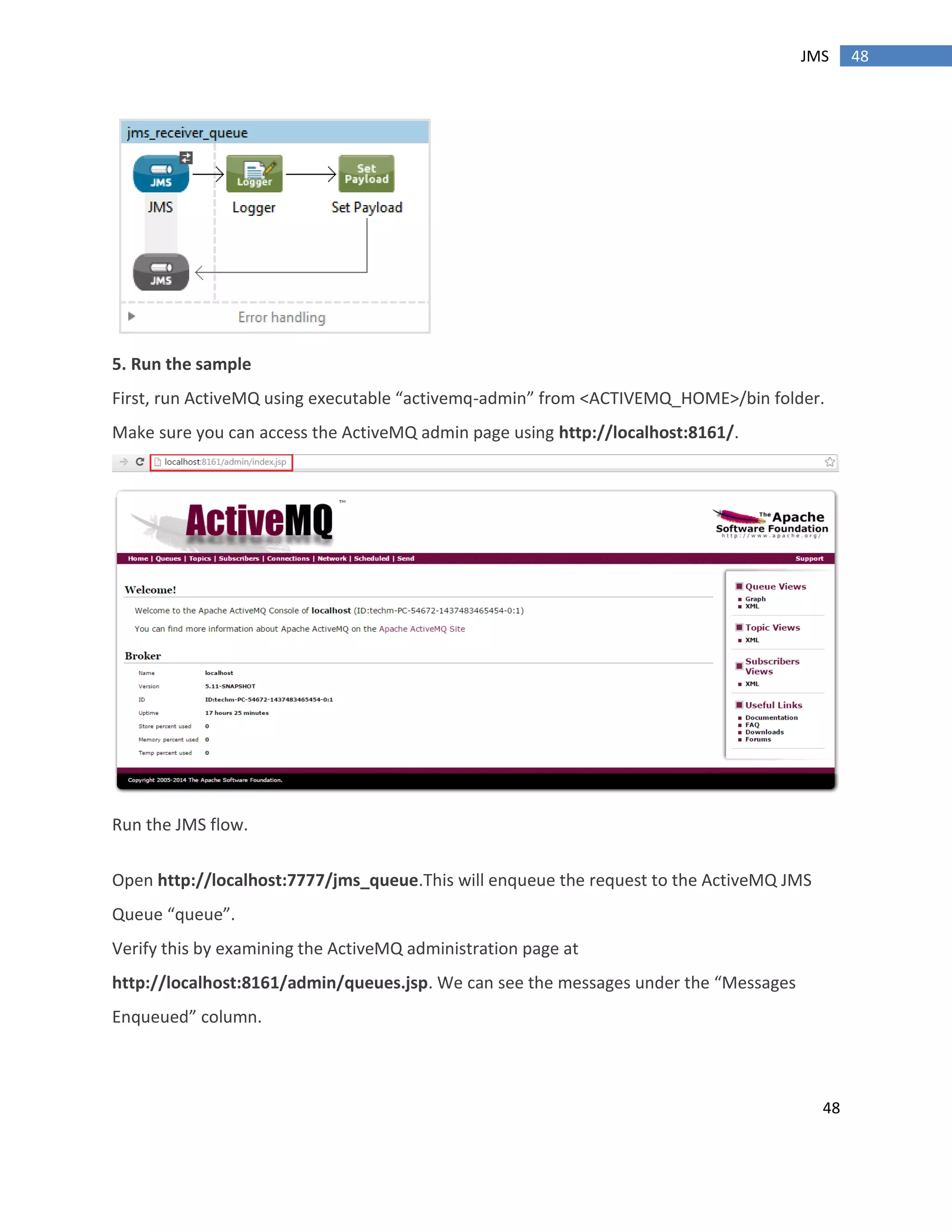48
48JMS
5. Run the sample
First, run ActiveMQ using executable “activemq-admin” from <ACTIVEMQ_HOME>/bin folder.
Make sure you can access the ActiveMQ admin page using http://localhost:8161/.
Run the JMS flow.
Open http://localhost:7777/jms_queue.This will enqueue the request to the ActiveMQ JMS
Queue “queue”.
Verify this by examining the ActiveMQ administration page at
http://localhost:8161/admin/queues.jsp. We can see the messages under the “Messages
Enqueued” column.
 