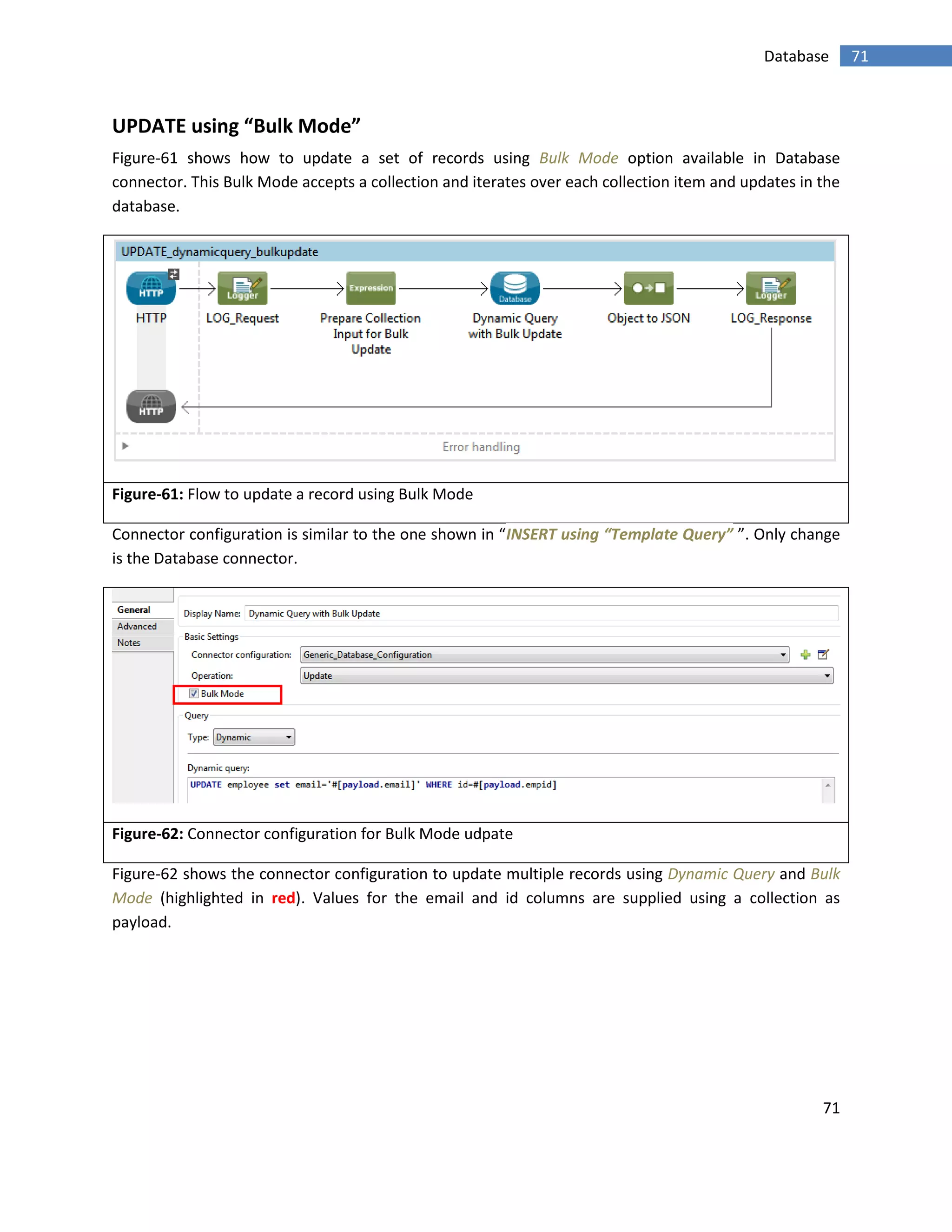 71
71Database
UPDATE using “Bulk Mode”
Figure-61 shows how to update a set of records using Bulk Mode option available in Database
connector. This Bulk Mode accepts a collection and iterates over each collection item and updates in the
database.
Figure-61: Flow to update a record using Bulk Mode
Connector configuration is similar to the one shown in “INSERT using “Template Query” ”. Only change
is the Database connector.
Figure-62: Connector configuration for Bulk Mode udpate
Figure-62 shows the connector configuration to update multiple records using Dynamic Query and Bulk
Mode (highlighted in red). Values for the email and id columns are supplied using a collection as
payload.
 
