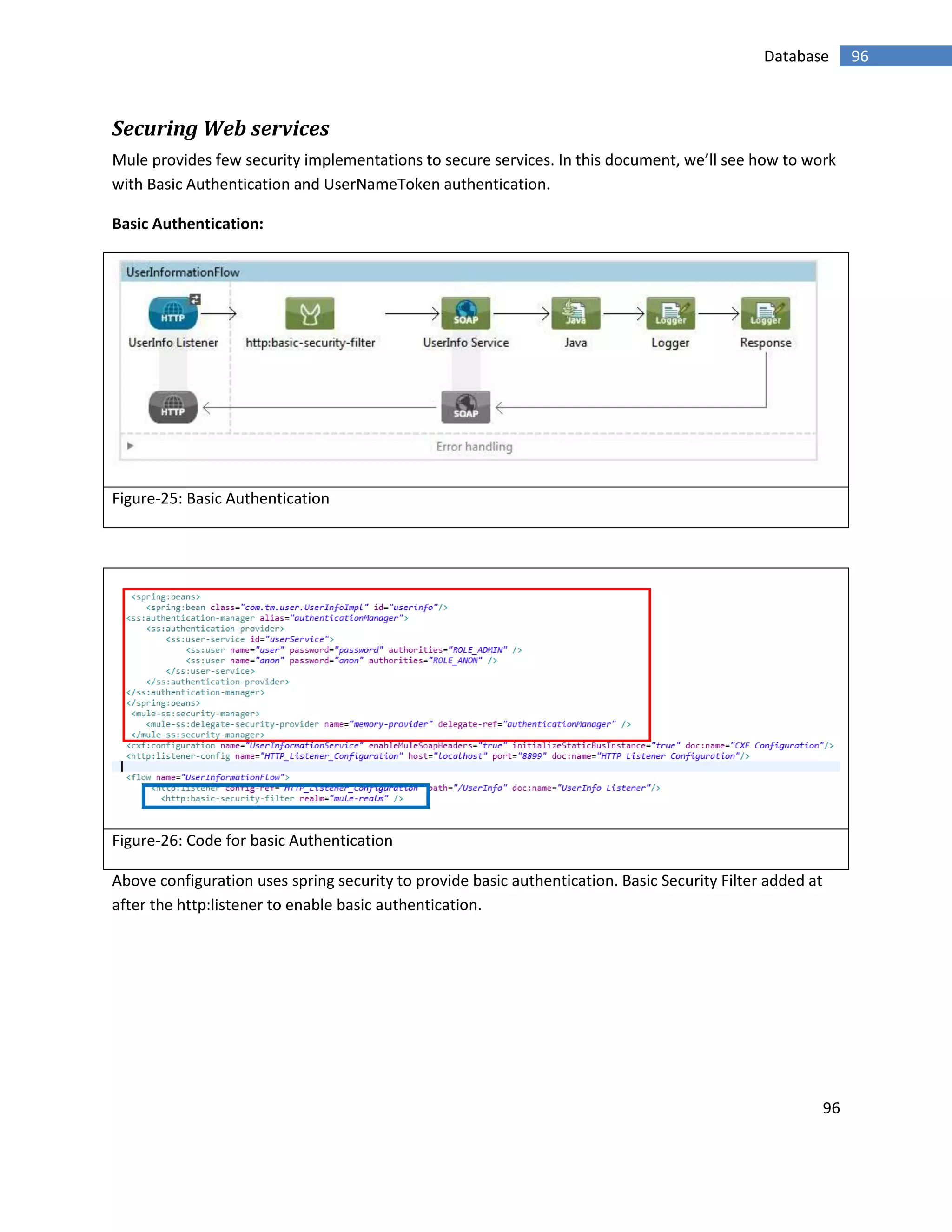 96
96Database
Securing Web services
Mule provides few security implementations to secure services. In this document, we’ll see how to work
with Basic Authentication and UserNameToken authentication.
Basic Authentication:
Figure-25: Basic Authentication
Figure-26: Code for basic Authentication
Above configuration uses spring security to provide basic authentication. Basic Security Filter added at
after the http:listener to enable basic authentication.
 