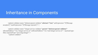 Inheritance in Components
<pattern:validator name="abstract-parent-validator" abstract="true" ackExpression="#['Message
accepted.']" nackExpression="#['Message rejected.']" />
<pattern:validator name="integer-service-validator" parent="abstract-parent-validator"
inboundAddress="vm://integer-service.in" outboundAddress="vm://real-integer-service.in"> <payload-type-
filter expectedType="java.lang.Integer" />
</pattern:validator>
 