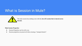 What is Session in Mule?
The mule session has nothing to do with the Java EE session that is shared across
threads.
Mule Session Properties
● Session Properties can be set by you.
● Session properties are preserved when crossing a “transport barrier”.
 