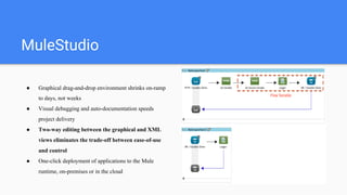 MuleStudio
● Graphical drag-and-drop environment shrinks on-ramp
to days, not weeks
● Visual debugging and auto-documentation speeds
project delivery
● Two-way editing between the graphical and XML
views eliminates the trade-off between ease-of-use
and control
● One-click deployment of applications to the Mule
runtime, on-premises or in the cloud
 
