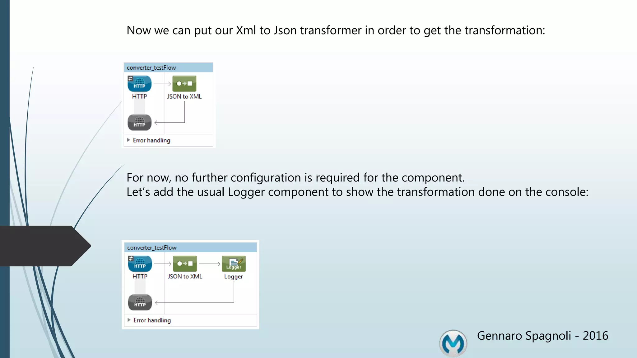 Gennaro Spagnoli - 2016 Now we can put our Xml to Json transformer in order to get the transformation: For now, no further configuration is required for the component. Let’s add the usual Logger component to show the transformation done on the console: 